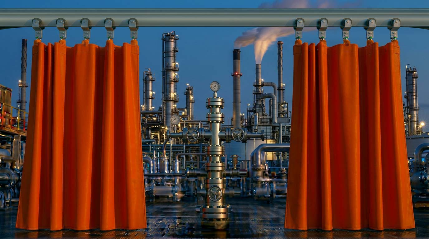StopForce blast containment curtain wrapped around a high-pressure manifold on a drilling rig